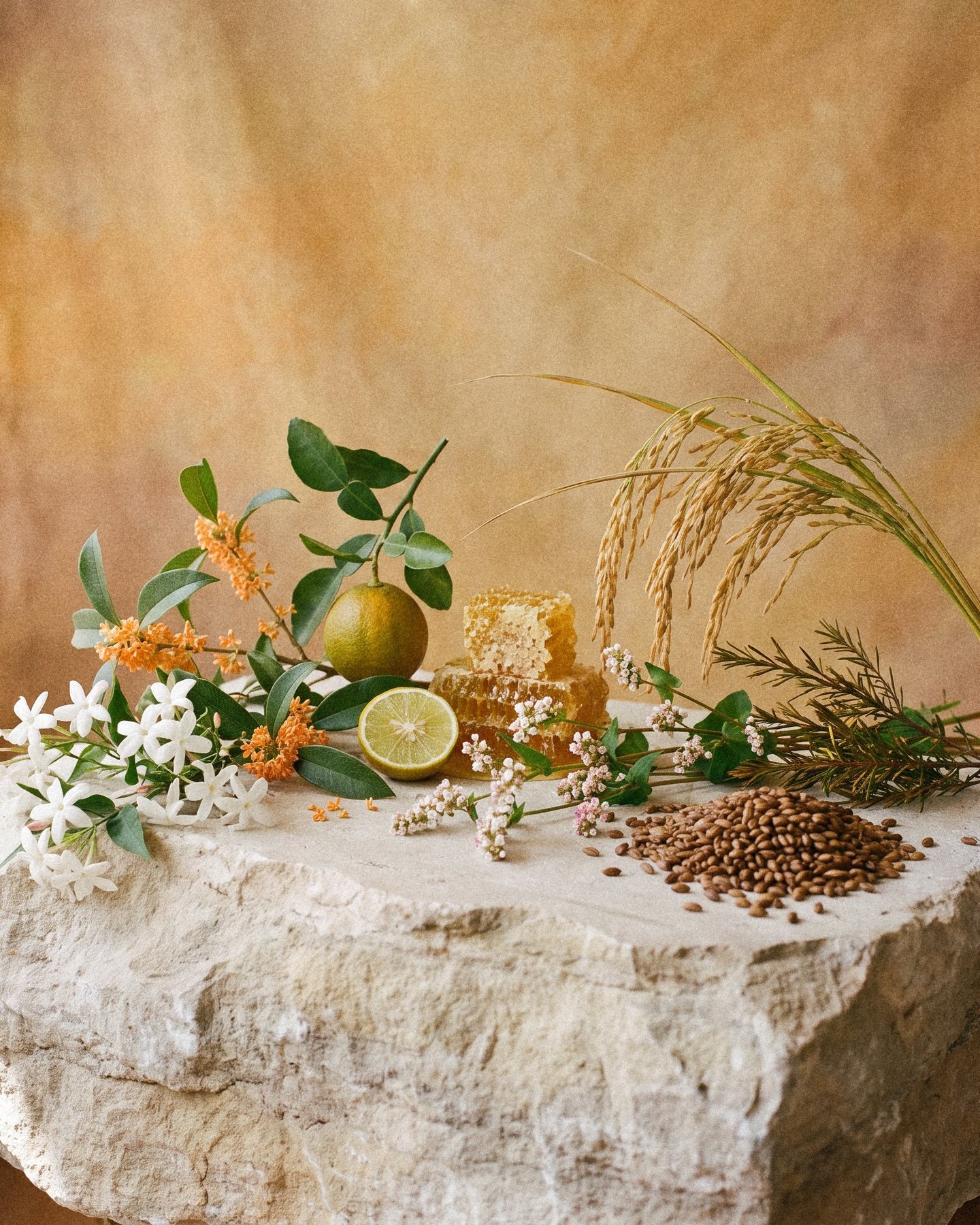 The house's ingredients gathered on a limestone boulder: jasmine, osmanthus, bergamot, honeycomb, flowering buckwheat, golden rice, rooibos and roasted barley, before an ochre painted backdrop