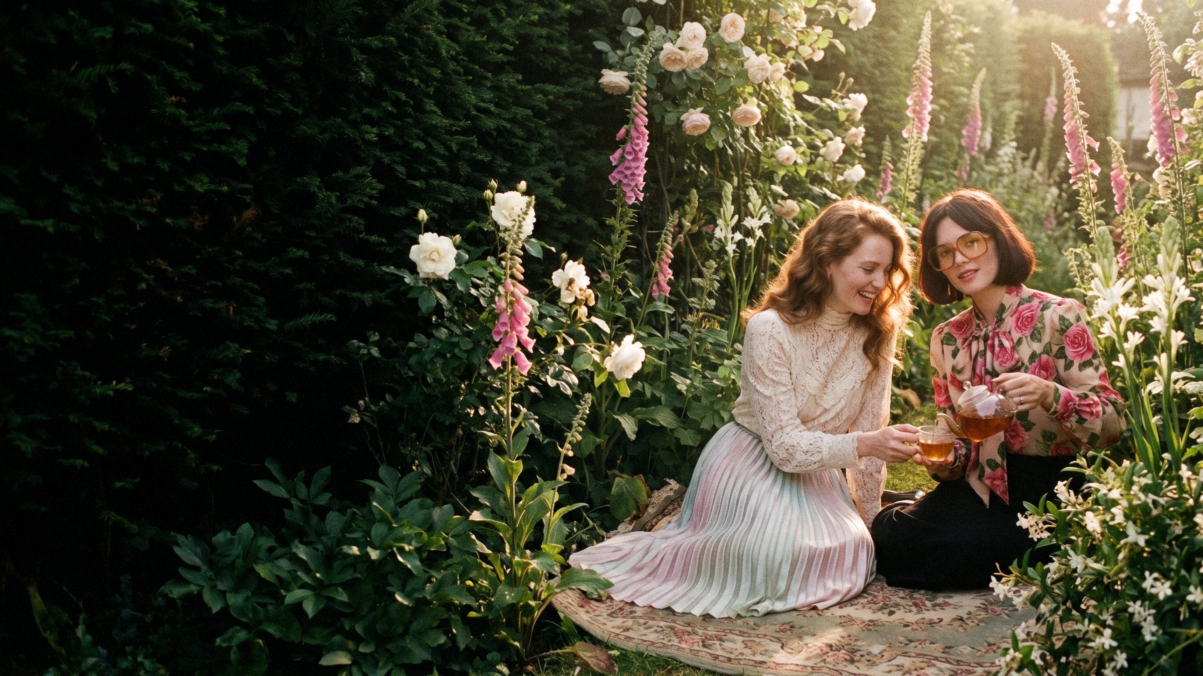 Two women in floral silk and Victorian lace taking tea on a rug in an overgrown English garden among foxgloves and old roses