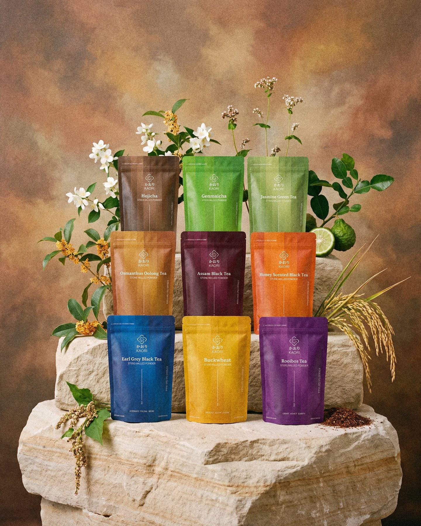 All nine Kaori pouches standing in three rows on the ledges of a sandstone outcrop among the house's botanicals, before a warm clay painted backdrop