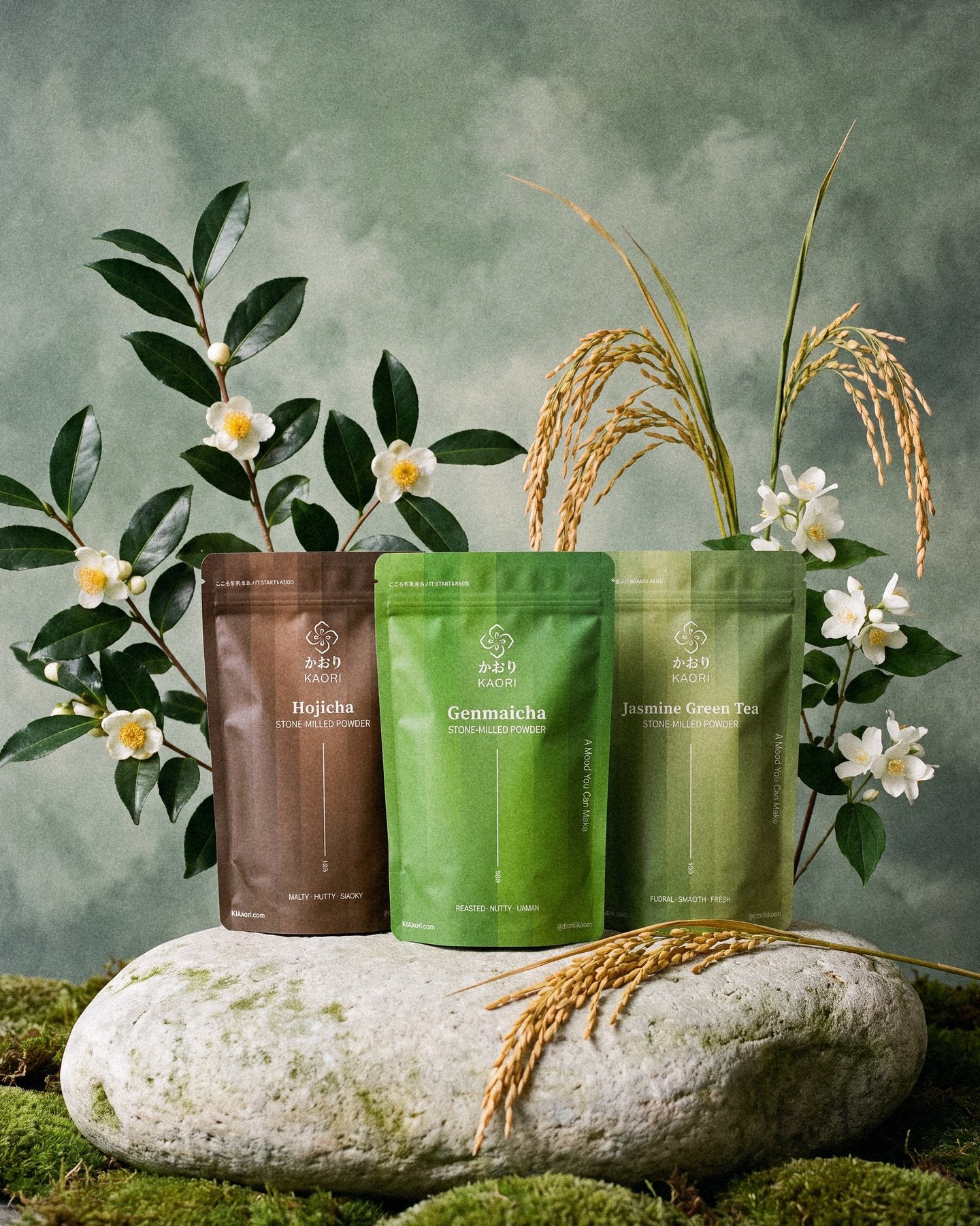 Hojicha, Genmaicha and Jasmine Green Tea pouches standing on a mossy river stone among camellia tea flowers, golden rice and jasmine, before a sage painted backdrop