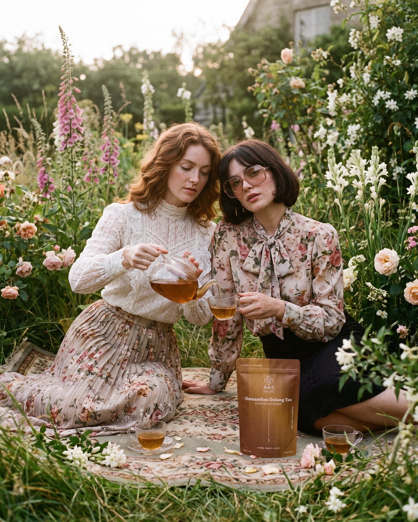 Two models in floral prints taking tea on a rug in an overgrown English garden, an Osmanthus Oolong Tea pouch beside them