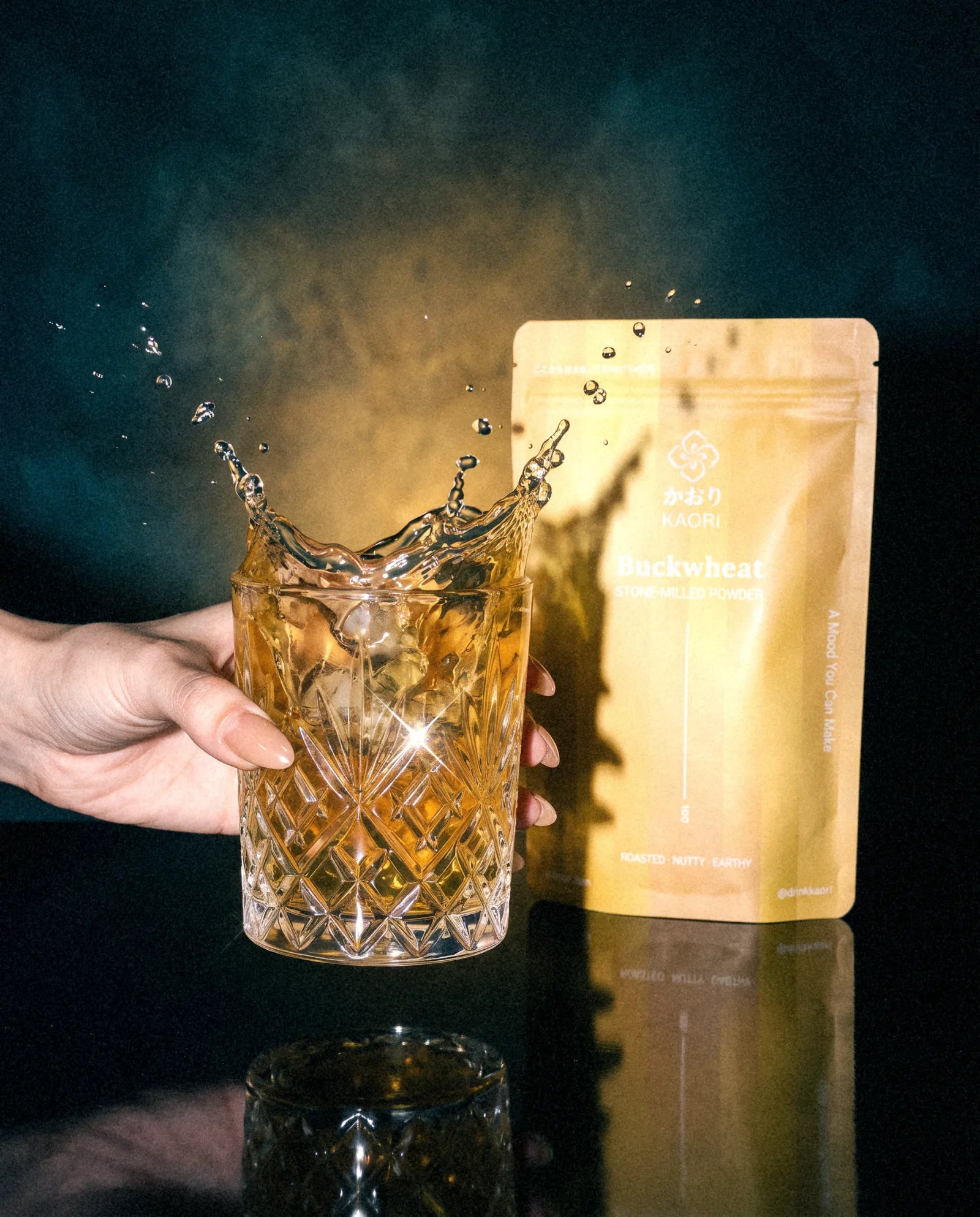 Buckwheat, splashing in a crystal tumbler