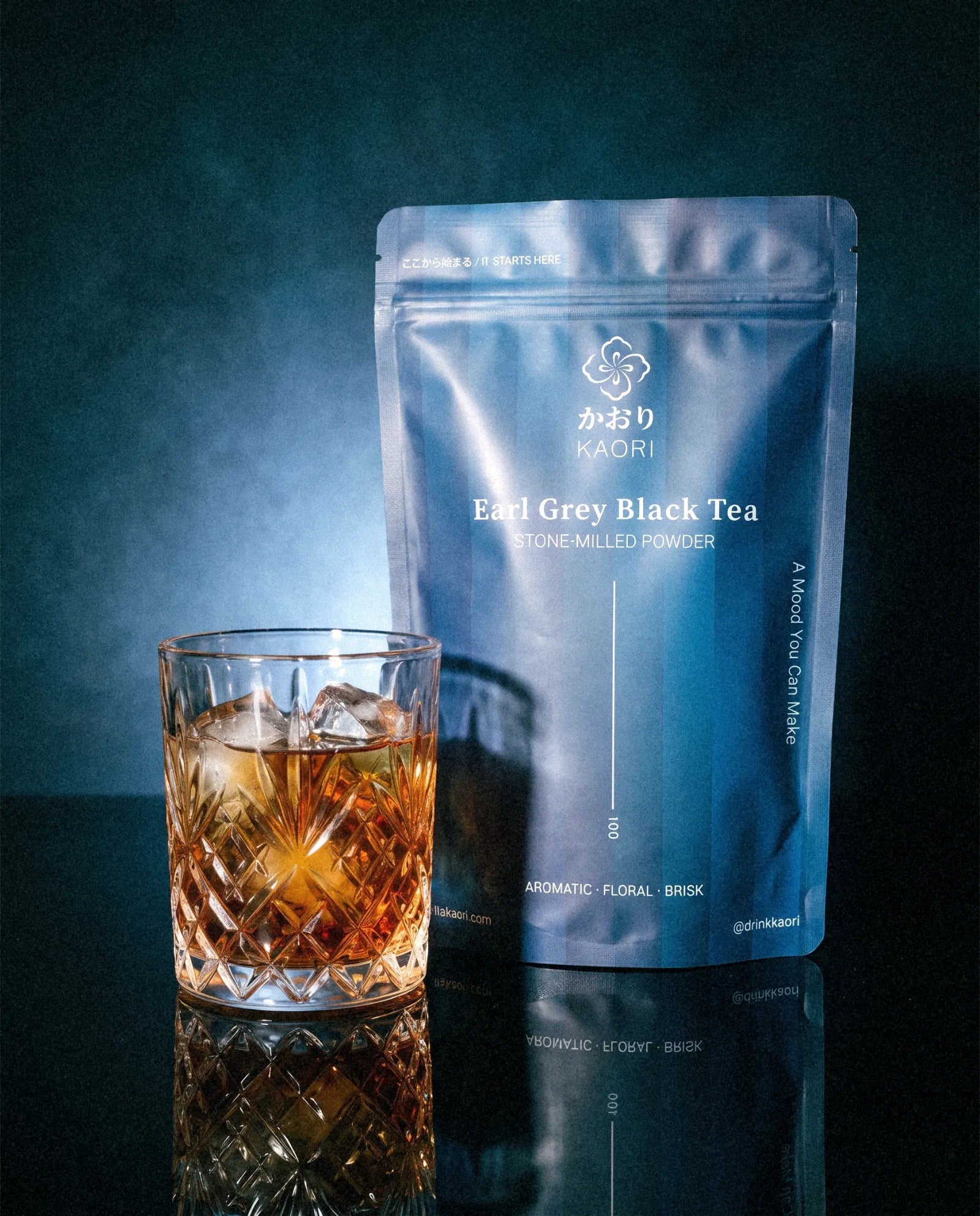 Earl Grey Black Tea, the pouch beside an iced crystal tumbler