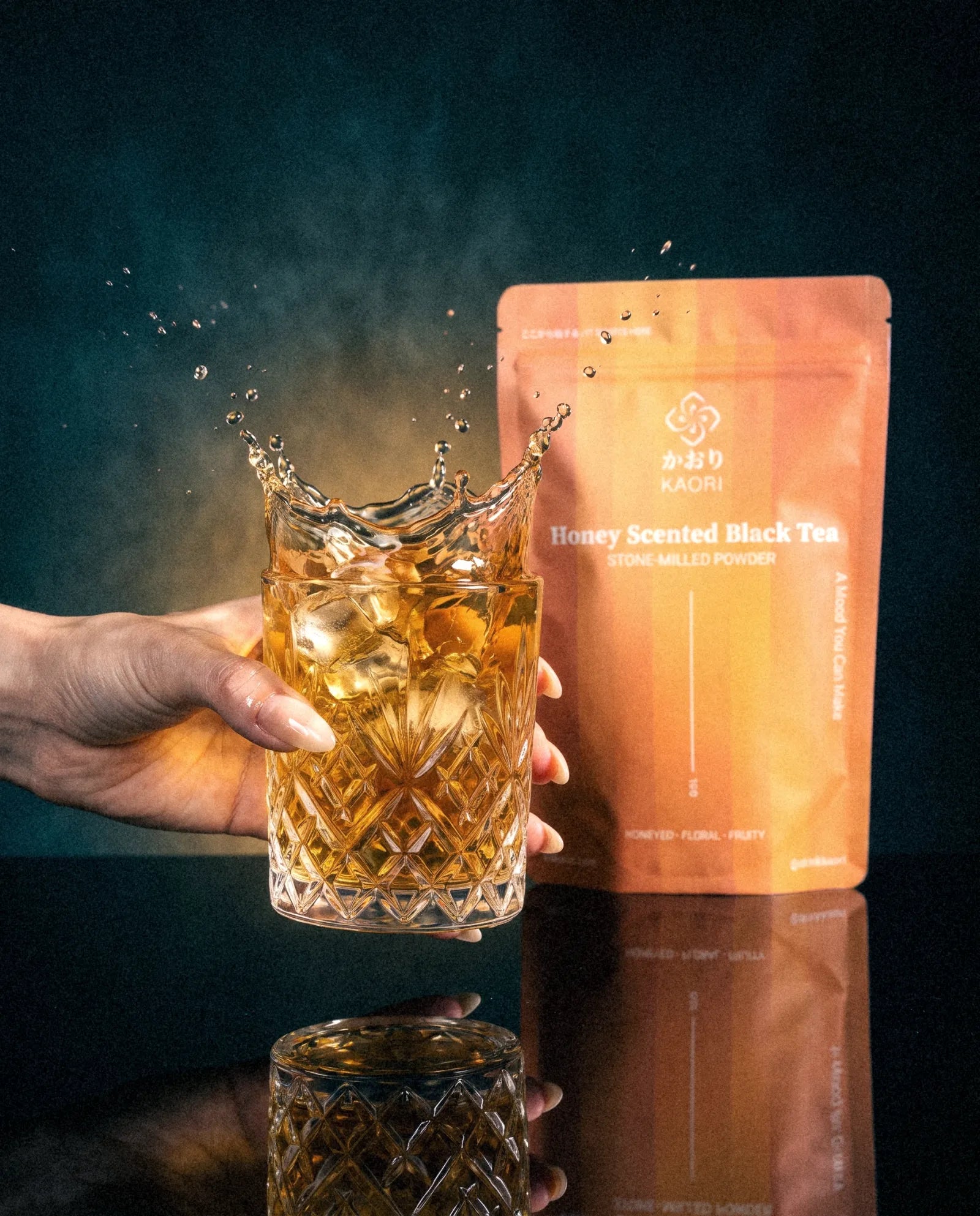 Honey Scented Black Tea, splashing in a crystal tumbler