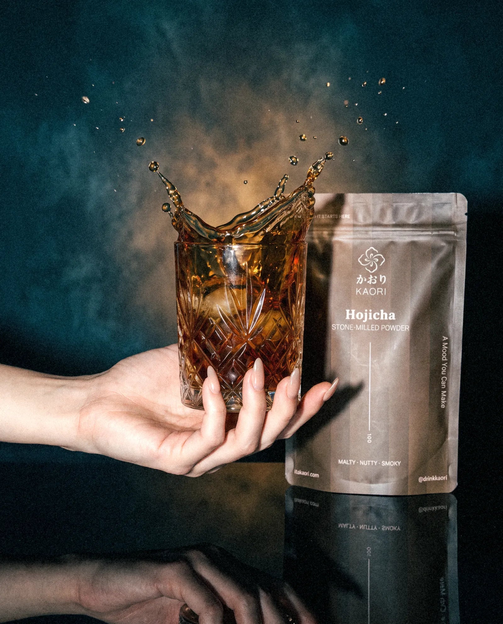 Hojicha, splashing in a crystal tumbler