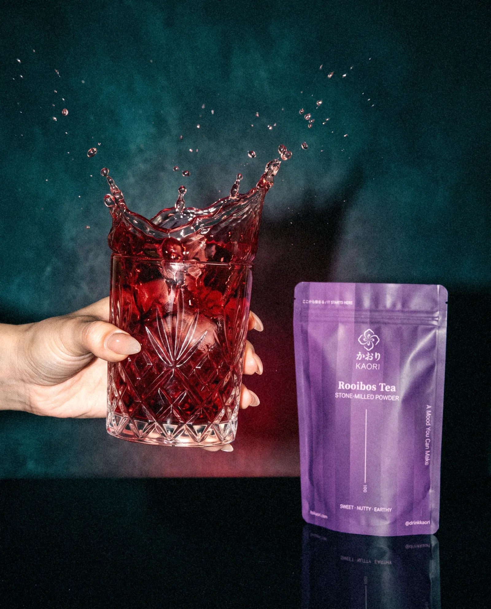 Rooibos Tea, splashing in a crystal tumbler